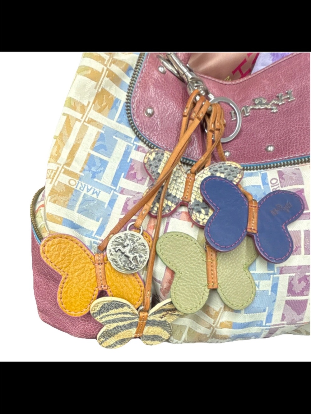 Mario Hernandez Women’s Purple Multicolor Logo Zip Shoulder Bag, Butterfly Charm - Picture 3 of 10